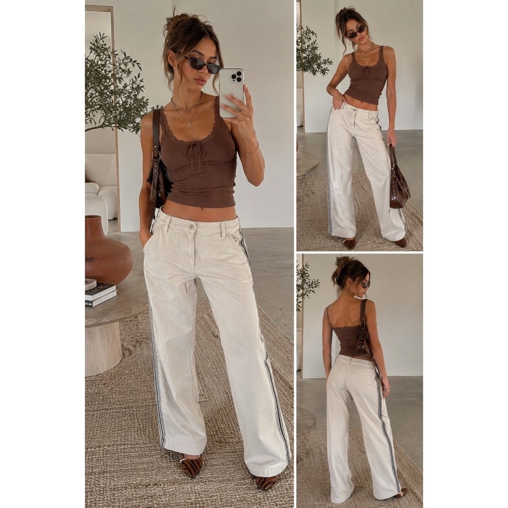 American Eagle Maddie Kenzie Ziegler Baggy Wide Leg Pants Khaki Side Stripe 2